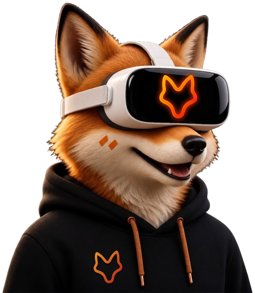 Aurel mascot, a red fox wearing a VR headset with an amber visor mark